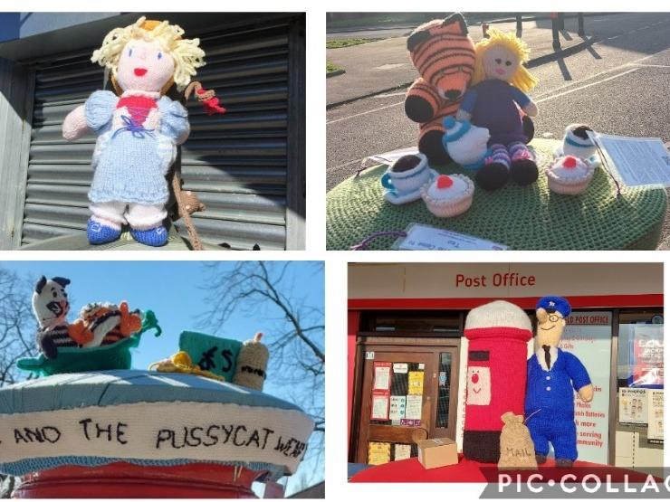 Yarn bombers in Hemel Hempstead created toppers representing children's books and nursery rhymes to celebrate World Book Day