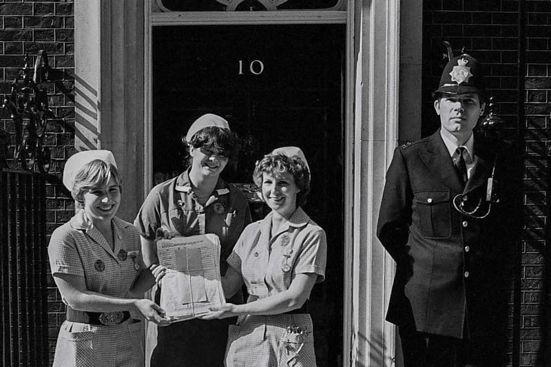 Peterborough nurses handing in a pay petition at Number 10.