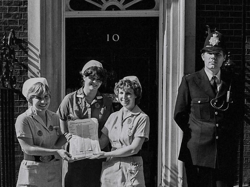 Peterborough nurses handing in a pay petition at Number 10.
