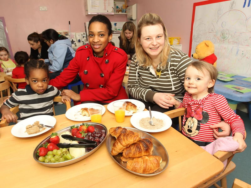 Wellingborough Kiddu Caru Mother's Day breakfast l-r Rio Harrison, 2, with his mum Dionne Quarrie and Mary Fox with daughter Mia-Louise Rogers, 2, March 2013