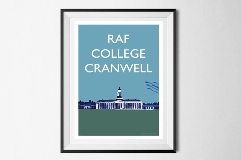 An RAF College Cranwell A4 travel poster style print in blue, priced at £20 by QuMooDesign. A lovely gift for anyone as a birthday, wedding or anniversary present for anyone with any connection to RAF College Cranwell.
To order go to: https://www.etsy.com/uk/listing/811038425/raf-college-cranwell-sleaford EMN-211203-174443001