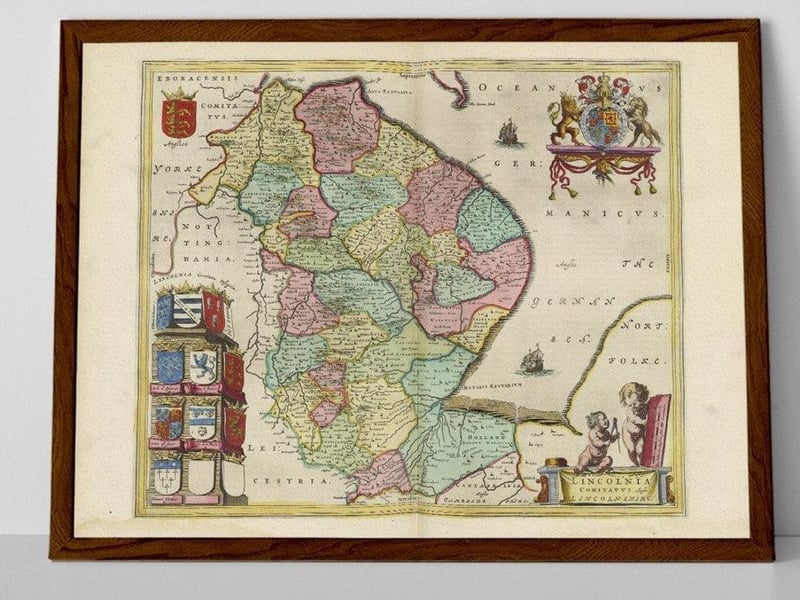 An old map of Lincolnshire featuring towns including Sleaford, by TheBlaeuPrints, priced at £36.68. The map was originally titled ‘Lincolnia Comitatvs’ and a frame is available. To order go to: https://www.etsy.com/uk/listing/563291825/old-map-of-lincolnshire-o-woodhall-spa EMN-211203-174433001