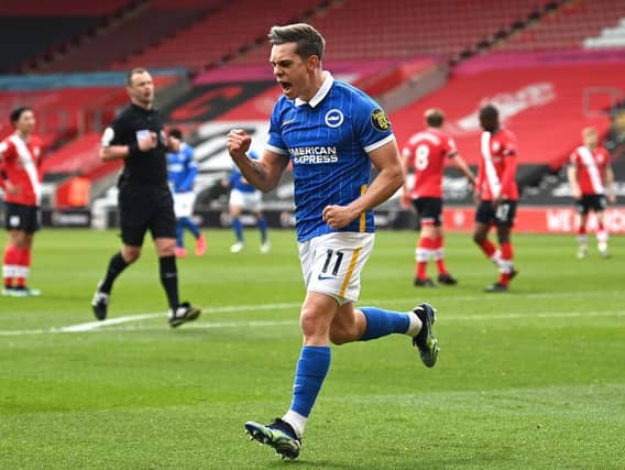 Leandro Trossard celebrates his third goal of the season and the winner against Southampton