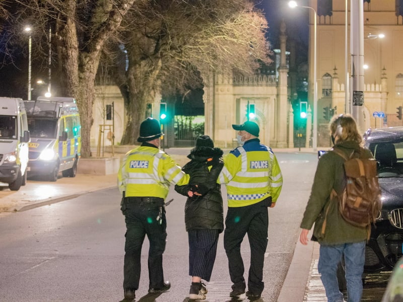 Police clash with demonstrators at Valley Gardens in Brighton