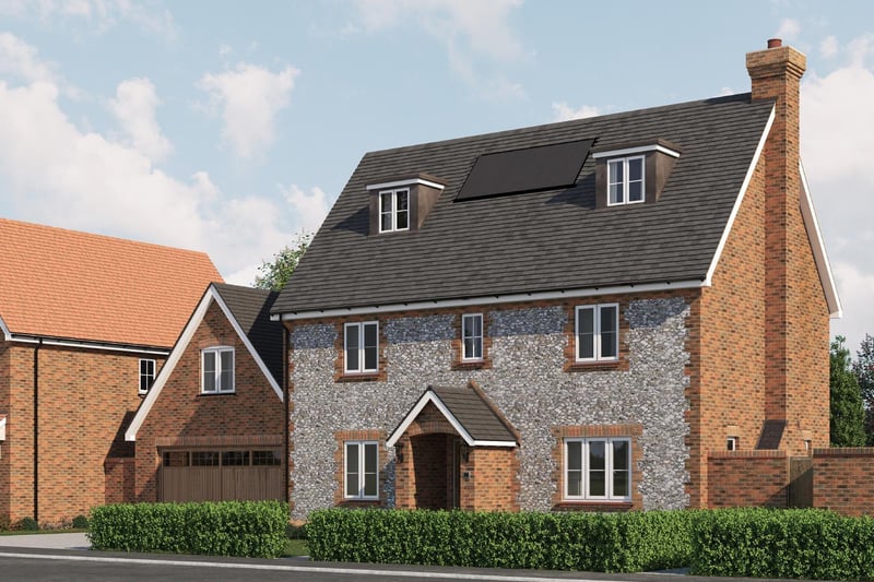 An attractive, five bedroom, detached house, two bedrooms with en suite and built-in wardrobes, fitted kitchen/dining area with integrated appliances, detached double studio garage and driveway parking. Priced at £629,950 and sold through Croudace Homes - Kings Weald.