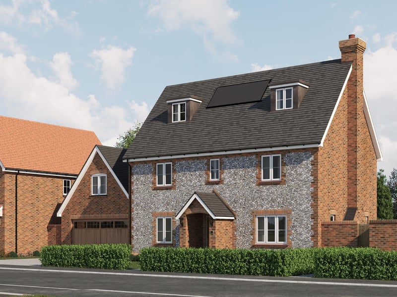 An attractive, five bedroom, detached house, two bedrooms with en suite and built-in wardrobes, fitted kitchen/dining area with integrated appliances, detached double studio garage and driveway parking. Priced at £629,950 and sold through Croudace Homes - Kings Weald.