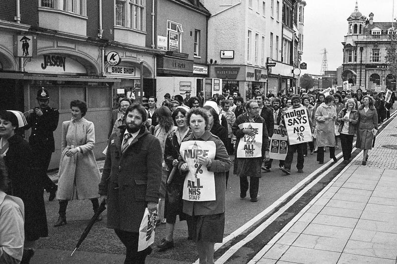 Health staff on the march in Peterborough in 1982.
