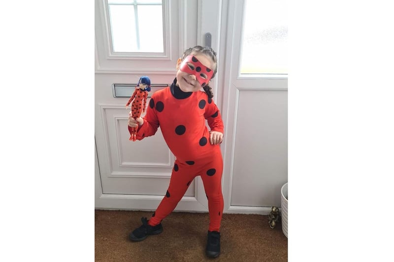 Story Byfield, aged 4, dressed at Ladybug from Miraculous: Tales of Ladybug & Cat Noir for dress as a super hero for Red Nose Day at Kineton Primary