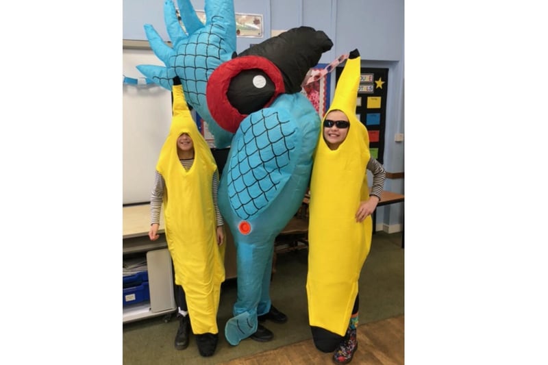 Pupils from Bishop Carpenter Primary in North Newington: Two bananas and the parrot are year six girls Annie, Eliza (bananas) and Caitlin (parrot)