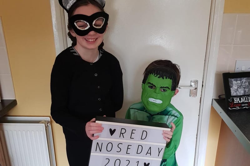 Red noses, assemble! Evie, 11, with Noah, 7.