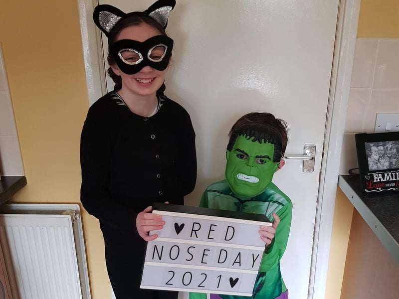 Red noses, assemble! Evie, 11, with Noah, 7.