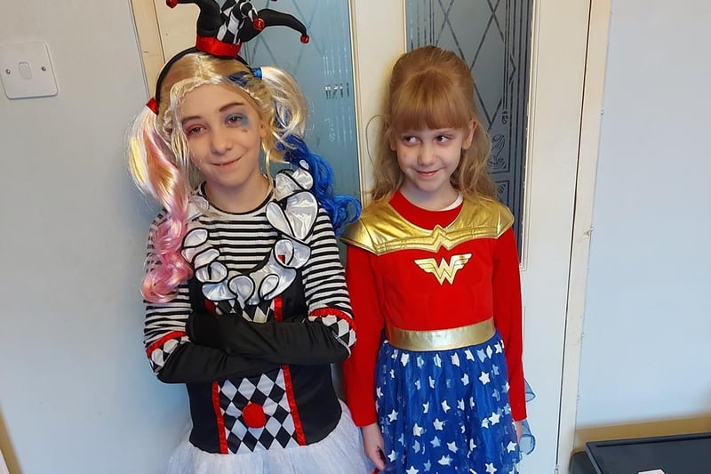 Zoe,10, dressed up as Harley Quinn and Rosie-May, 7, dressed as Wonder Woman.