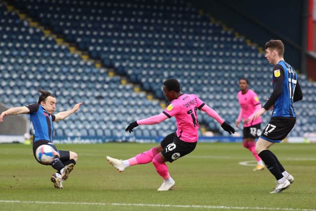 Siriki Dembele of Peterborough United scores the opening goal of the game against Rochdale. Photo: Joe Dent/theposh.com.