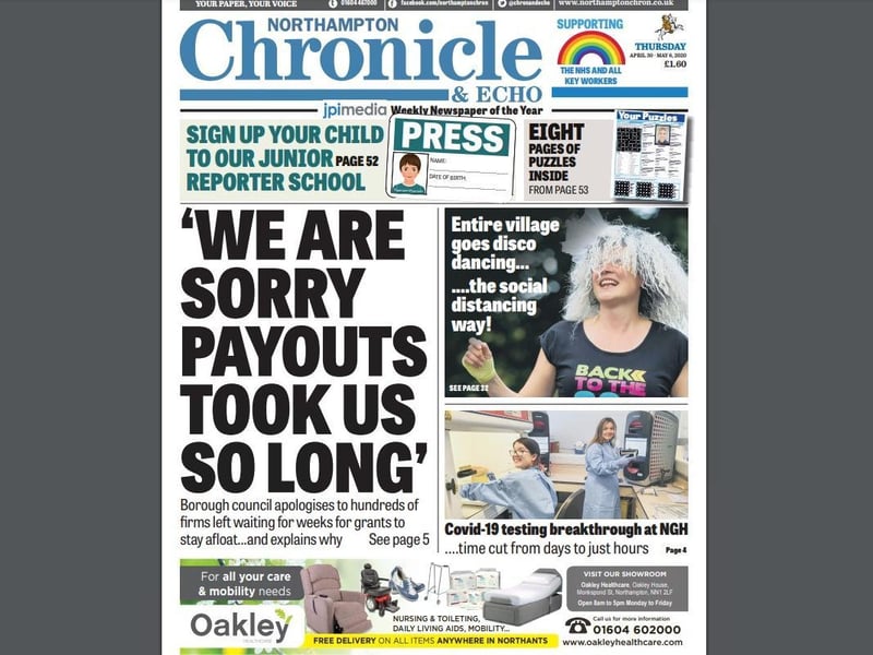 On April 30, the Chron turned its masthead blue to support key workers across the town. The front page also featured the frustrations experienced by many businesses over the delay in receiving vital support grants.