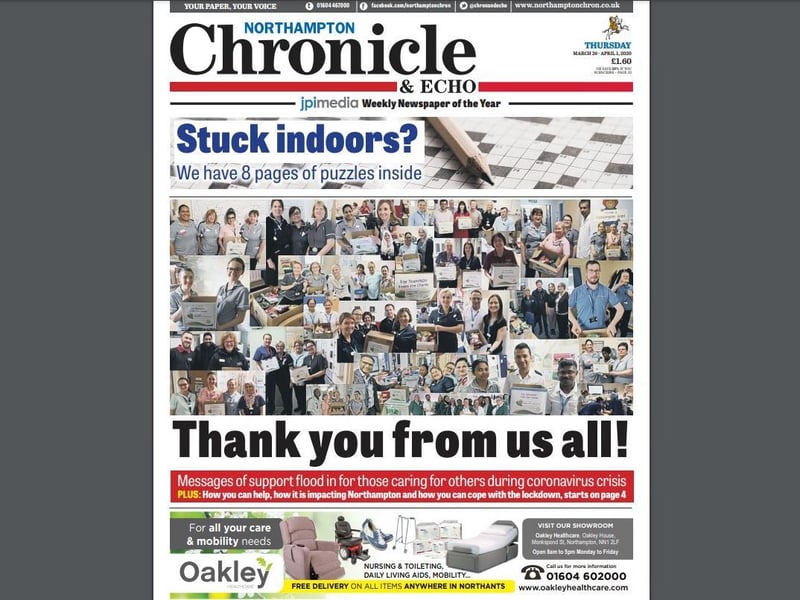 On March 26, the Chron's front page featured pictures of health workers giving their thanks to the community for their support. We also launched our eight-page puzzles section to give readers something to do during lockdown.