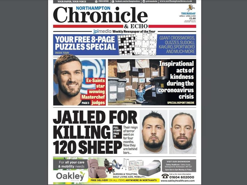 Our front page on April 2 moved away from coronavirus in terms of the lead story, but the paper featured some of the many "inspirational acts of kindness" that were being shown throughout Northampton