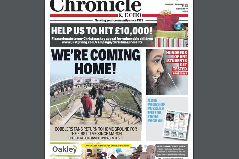 On December 3, the Chron reported that football fans were heading back to the Sixfields stadium for the first time since before lockdown. It was a shortlived return...