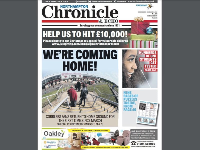 On December 3, the Chron reported that football fans were heading back to the Sixfields stadium for the first time since before lockdown. It was a shortlived return...