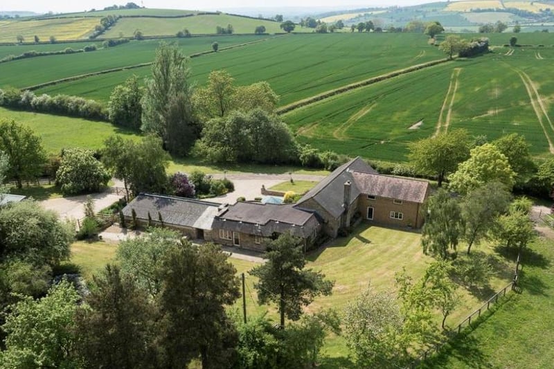 An aerial view of the Long Barn House set on 16 acres of land in Lower Brailes near Banbury (Image from Rightmove)