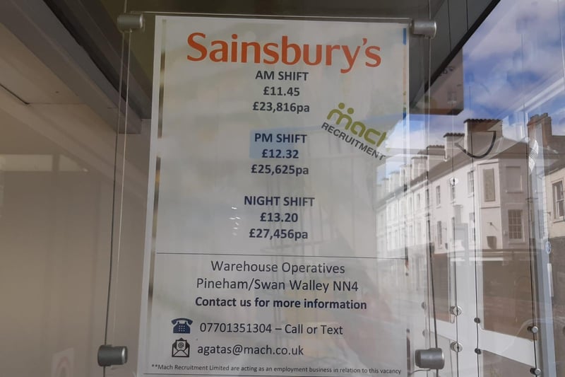 Both morning, evening and night shifts are being advertised for warehouse operatives at Sainsbury's in Pineham. The yearly salary for the AM shift is £23,816, the evening salary per year is £25,625, and the night time salary is £27,456 per year
