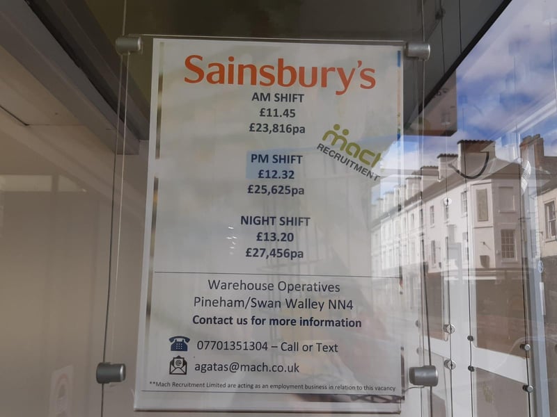 Both morning, evening and night shifts are being advertised for warehouse operatives at Sainsbury's in Pineham. The yearly salary for the AM shift is £23,816, the evening salary per year is £25,625, and the night time salary is £27,456 per year