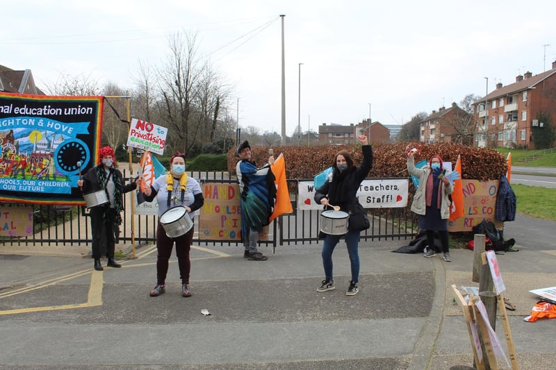 Making some noise during the strike at Moulsecoomb Primary School