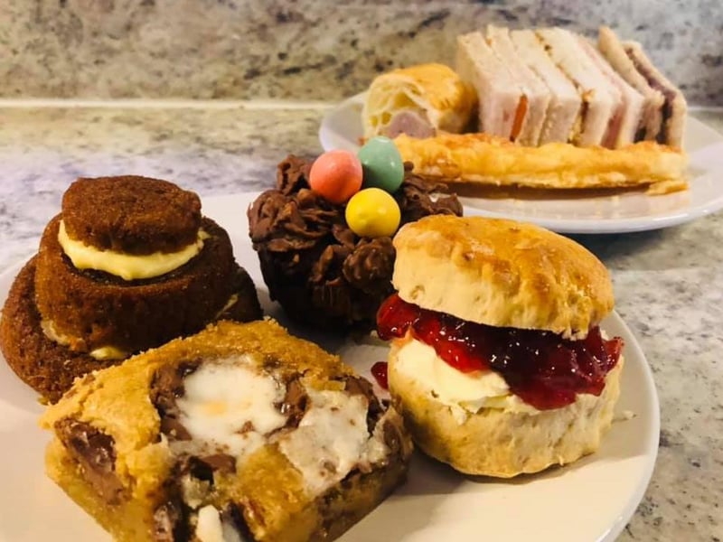 This Easter afternoon tea for one - by E W Catering Solutions - includes Cream egg blondie, a nest cake, a carrot cake with vanilla orange frosting, scones with jam and clotted cream, cheese straw, sausage roll and a selection of sandwiches. They cater to dietary requirements and the prices are £12 per adult and £6 per child. Message their Facebook page for more information.