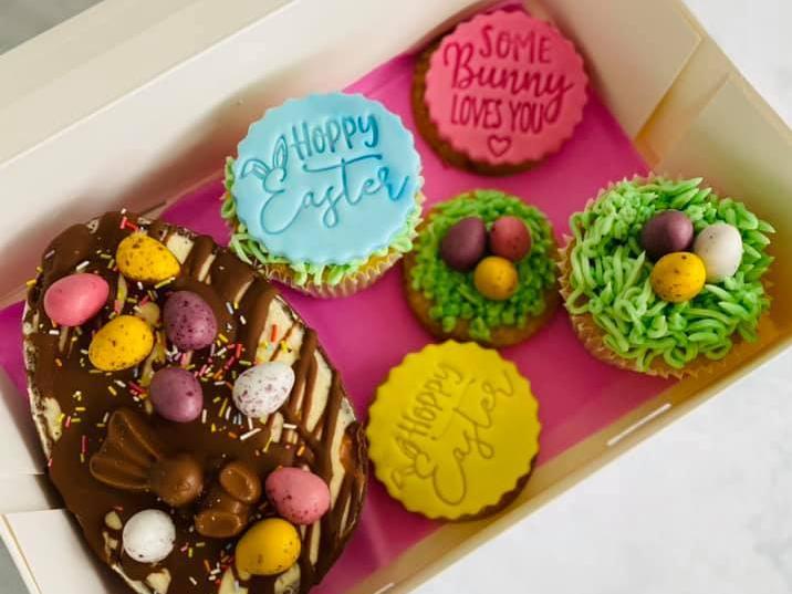 Homemade by Victoria is selling boxes of Easter cupcakes from £6 and boxes of loaded Easter brownies for £16. She is also offering an Easter treat box consisting of a half filled brownie Easter egg, two vanilla cupcakes and three fondant biscuits (pictured) for £16.50.