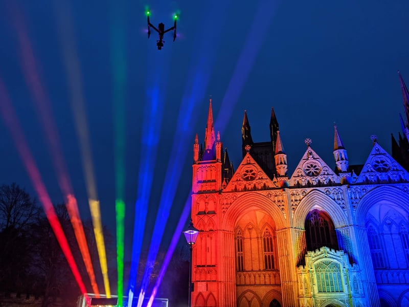The rainbow lights at the cathedral.