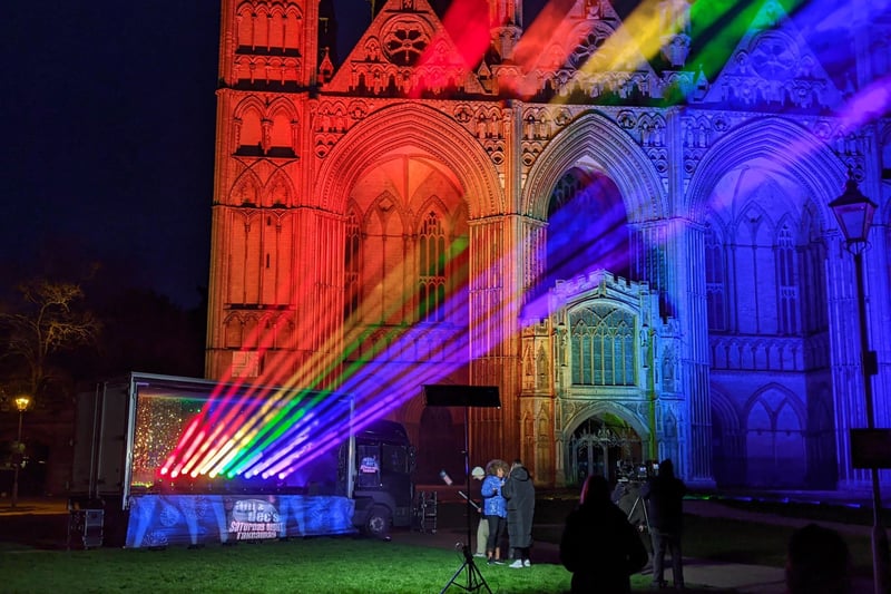 The 'takeaway rainbow' with TV crew at Peterborough Cathedral