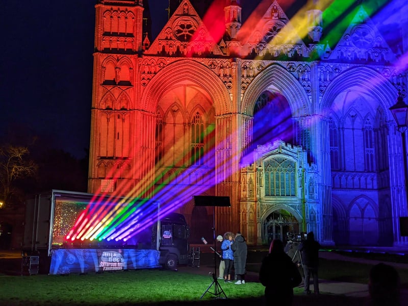 The 'takeaway rainbow' with TV crew at Peterborough Cathedral
