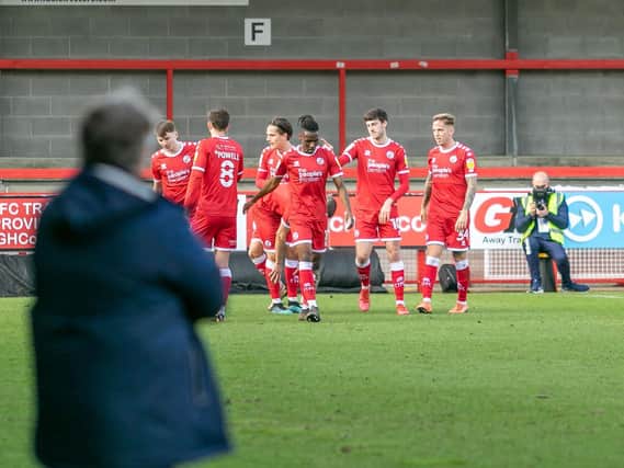 Crawley Town celebrate Ashley Nadesan's goal. Picture by UK Sports Images Ltd/Jamie Evans