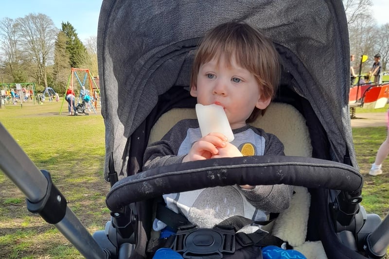Finley Winter Timms, 17 months, enjoys an ice lolly in the Daventry sunshine.