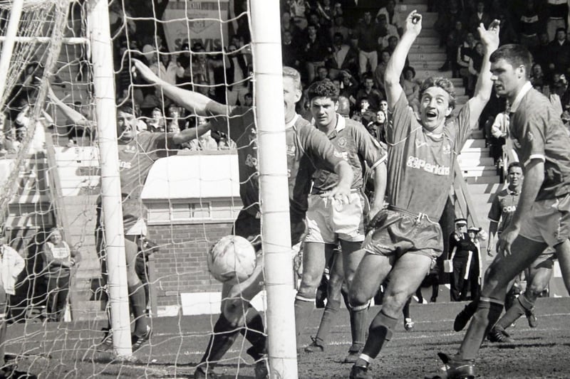 May 1991, Division Four. Chesterfield 2, Posh 2. Posh came from 2-0 down to secure the point that got them up from Division Four under Chris Turner on the final day of the season. The equalising goal that sent Posh up is pictured here.