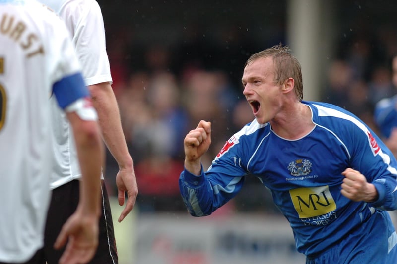 April, 2008, League Two. Hereford 0, Posh 1. A Dean Keates goal secured victory and Darren Ferguson's first promotion as Posh boss. Hereford were one of Posh's biggest rivals that season and also earned promotion from a third place finish. Posh finished second behind champions MK Dons. Keates is pictured celebrating his goal at Edgar Street.