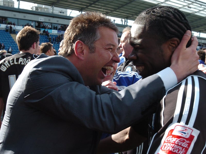 May, 2009, League One. Colchester 0, Posh 1. Posh completed back-to-back promotions on a nerve-shredding afternoon at Colchester thanks to Charlie Lee’s goal. It was the penultimate game of the season and Posh had to wait several minutes before it was confirmed MK Dons had lost at home to Walsall so Darren Ferguson's men has sealed second spot behind champions Leicester City. Ferguson is pictured celebrating with striker Aaron Mclean.