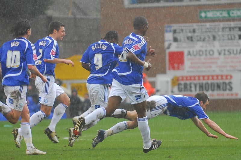 March, 2009, League One. Posh 2, Leicester City 0. Two months earlier that season at London Road there was a huge clash. Leicester were top of League One, Posh were second. Goals from Charlie Lee and Chris Whelpdale secured the points for Posh who confirmed they were title challengers as well as promotion candidates. Posh players are pictured celebrating Lee's goal.