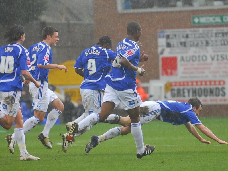 March, 2009, League One. Posh 2, Leicester City 0. Two months earlier that season at London Road there was a huge clash. Leicester were top of League One, Posh were second. Goals from Charlie Lee and Chris Whelpdale secured the points for Posh who confirmed they were title challengers as well as promotion candidates. Posh players are pictured celebrating Lee's goal.