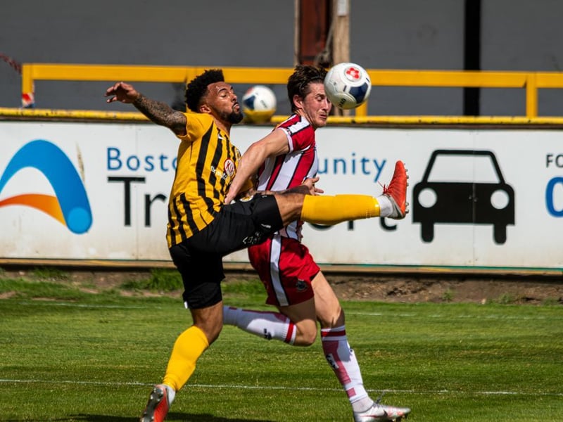 Battling in last season's play-off final defeat to Altrincham. Photo: Michael Ripley