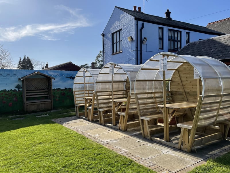 The beer garden - and pods-  at The Blue Bell in Werrington