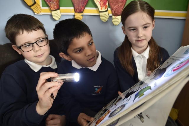 Year 3/4 children at Nene Valley Primary School reading with a torch because all lights were turned off for Climate Action Day EMN-200403-170328009