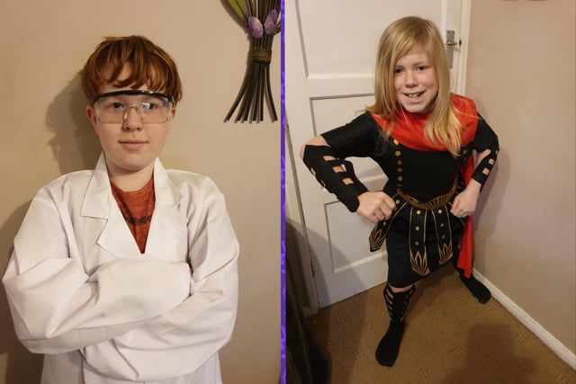 Rhys Bennett, 11, the mad scientist next door and Laim Bennett, 10 as a rotten Roman both from Easebourne Primary school