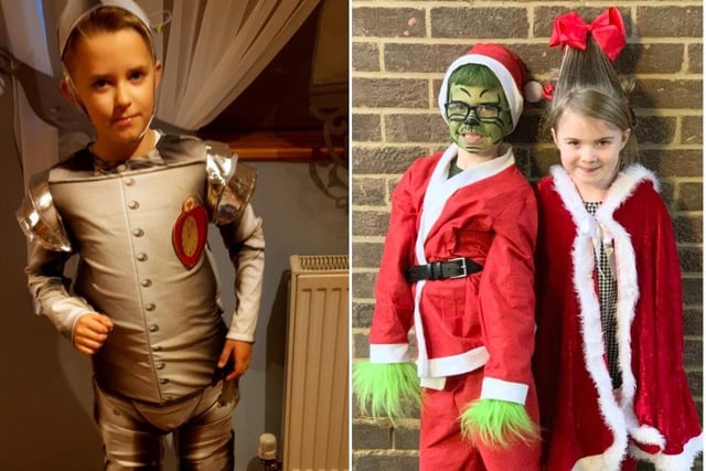 Left: Karl Hojak (7 years old) from Gossops Green Primary School, as Tin Man. Right: Oliver (7) and Maisie Hoather (5), from Broadfield Primary Academy, as the Grinch and Cindy Lou Who