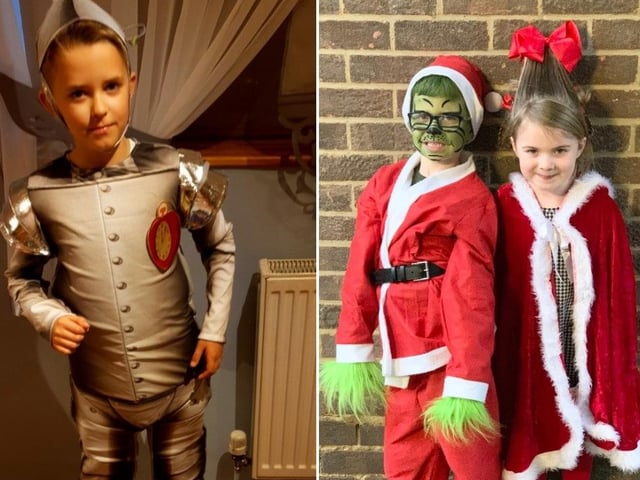 Left: Karl Hojak (7 years old) from Gossops Green Primary School, as Tin Man. Right: Oliver (7) and Maisie Hoather (5), from Broadfield Primary Academy, as the Grinch and Cindy Lou Who