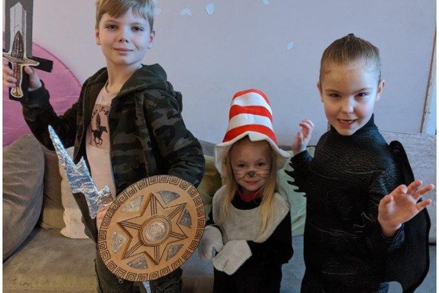 Dylan, aged 10 as Percy Jackson, Abi age 6, as Toothless the Dragon, and Pippa, aged 4, as The Cat in the Hat