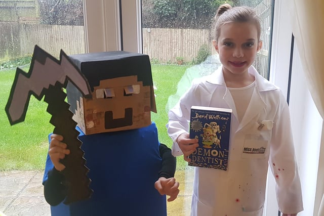 Mylo, aged 7, as Steve from Minecraft, and Francesca, aged 10, as Miss Root from Demon Dentist. 
Both attend St Mary Magdalene Catholic Primary School in Bexhill