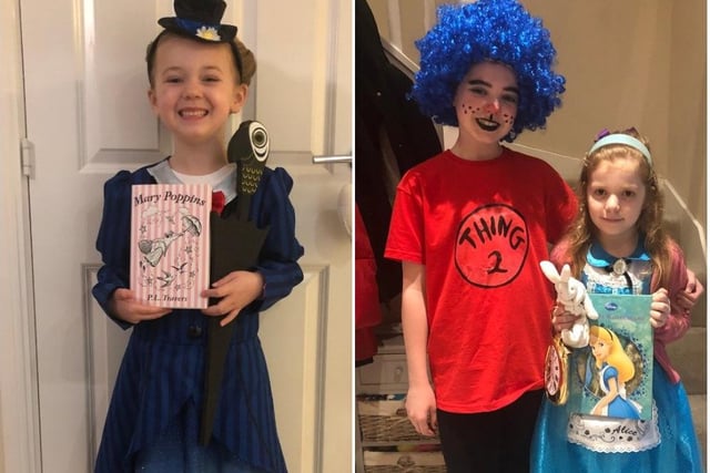 Left: Wynter Sunshine Dudman (6 years old) from St John’s Catholic Primary School, as Mary Poppins. Right: Jasmine Harwood (10) and Gabby Harwood (6) from North Heath Primary School, as Thing 2 and Alice in Wonderland.