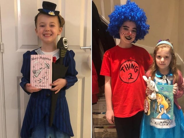 Left: Wynter Sunshine Dudman (6 years old) from St John’s Catholic Primary School, as Mary Poppins. Right: Jasmine Harwood (10) and Gabby Harwood (6) from North Heath Primary School, as Thing 2 and Alice in Wonderland.