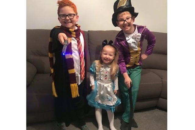 Charlie Formosa as Ron Weasley, Olivia Formosa as Alice in Wonderland and Alfie Formosa as Willy Wonka