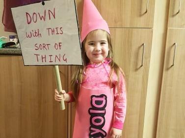 Dixie, from Rushden, looks amazing as 'Pink Crayon' from the book 'The Day The Crayons Quit'